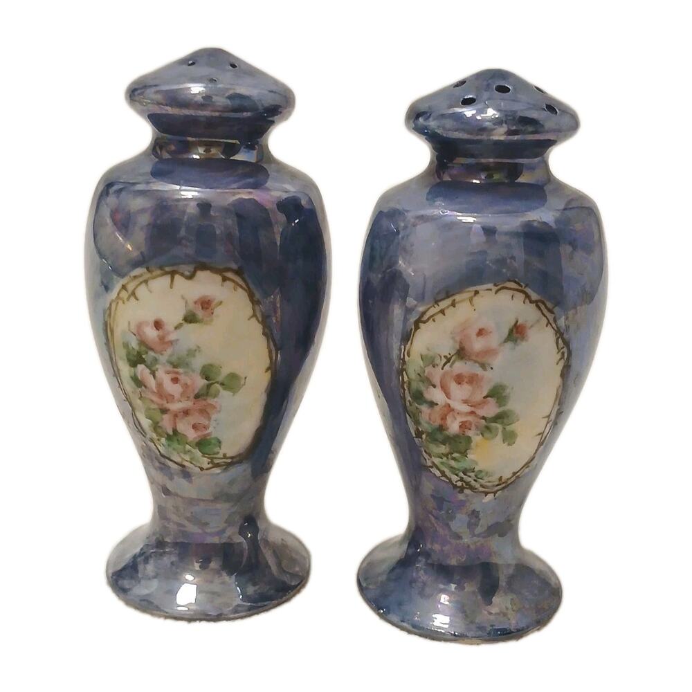Antique Victorian Rose Salt & Pepper Shakers Blue Iridescent Noritake Japan VNTG - Picture 7 of 16